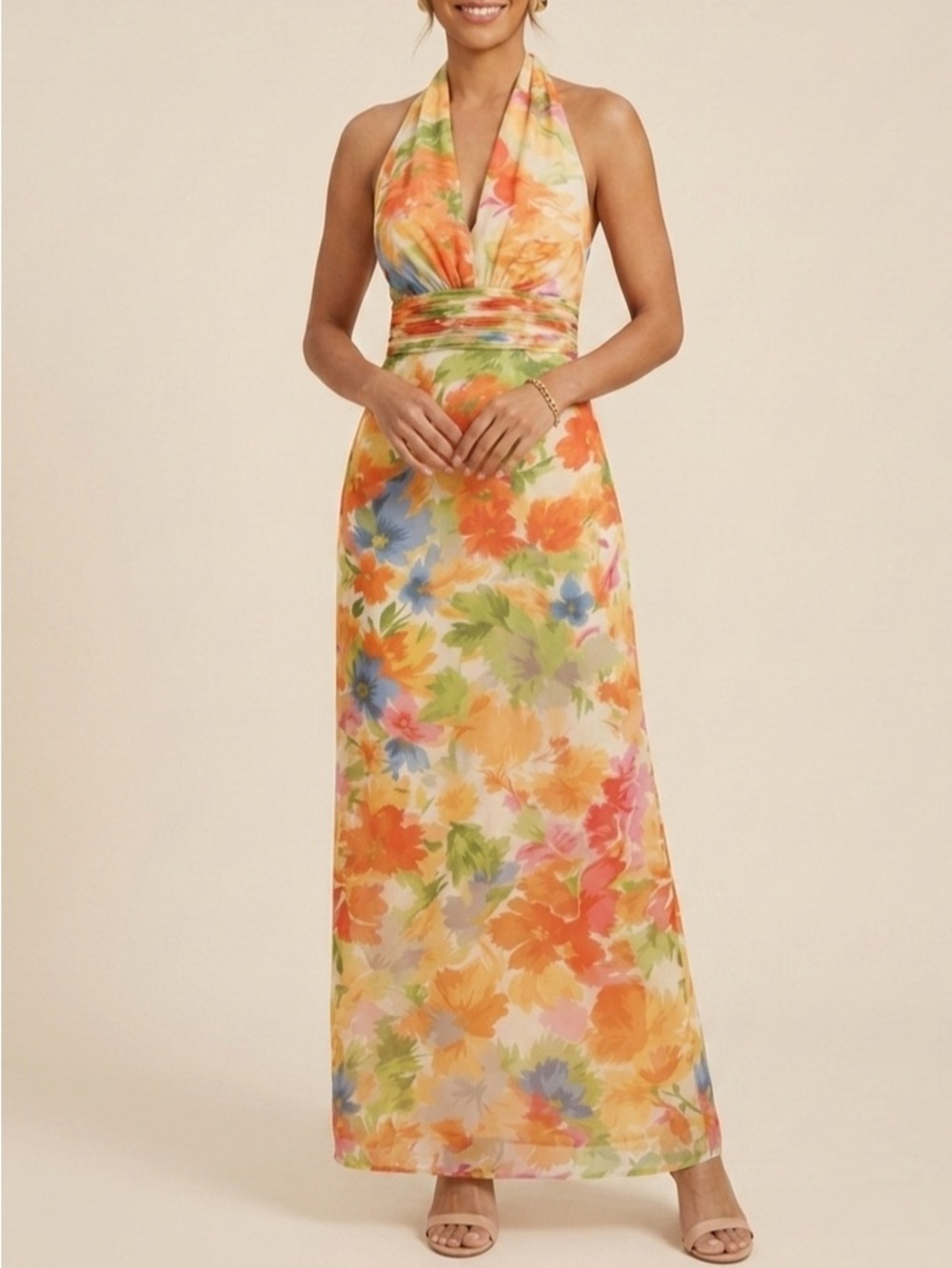 FERHAUTE Elegant Floral Halter Chiffon Maxi Dress NWT Size14